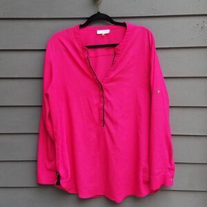 Calvin Klein sheer RED Partial button down Top size XL